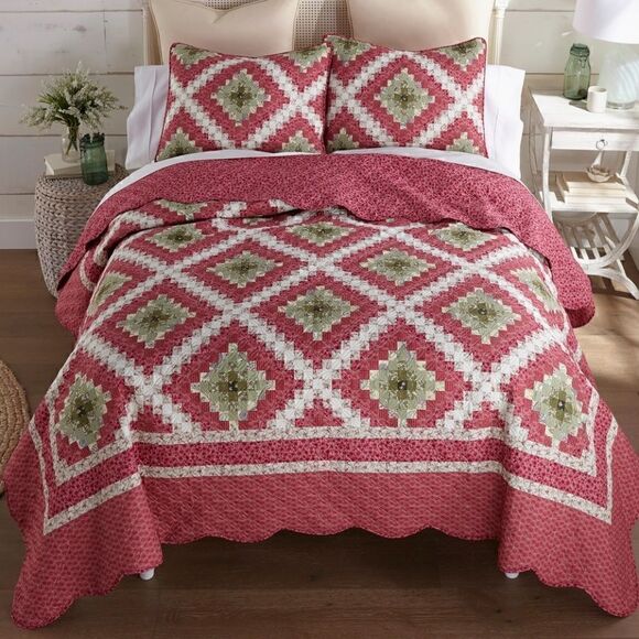 NEW! Sweet Melon QUEEN Size Printed Quilt Set Diamond Farmhouse Country Boho